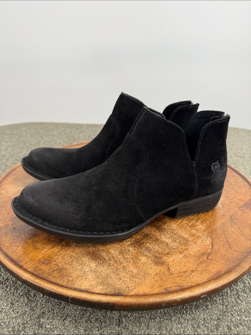 Born Boots Wm 7M Black Suede Ankle Booties Distressed Leather Back Zip